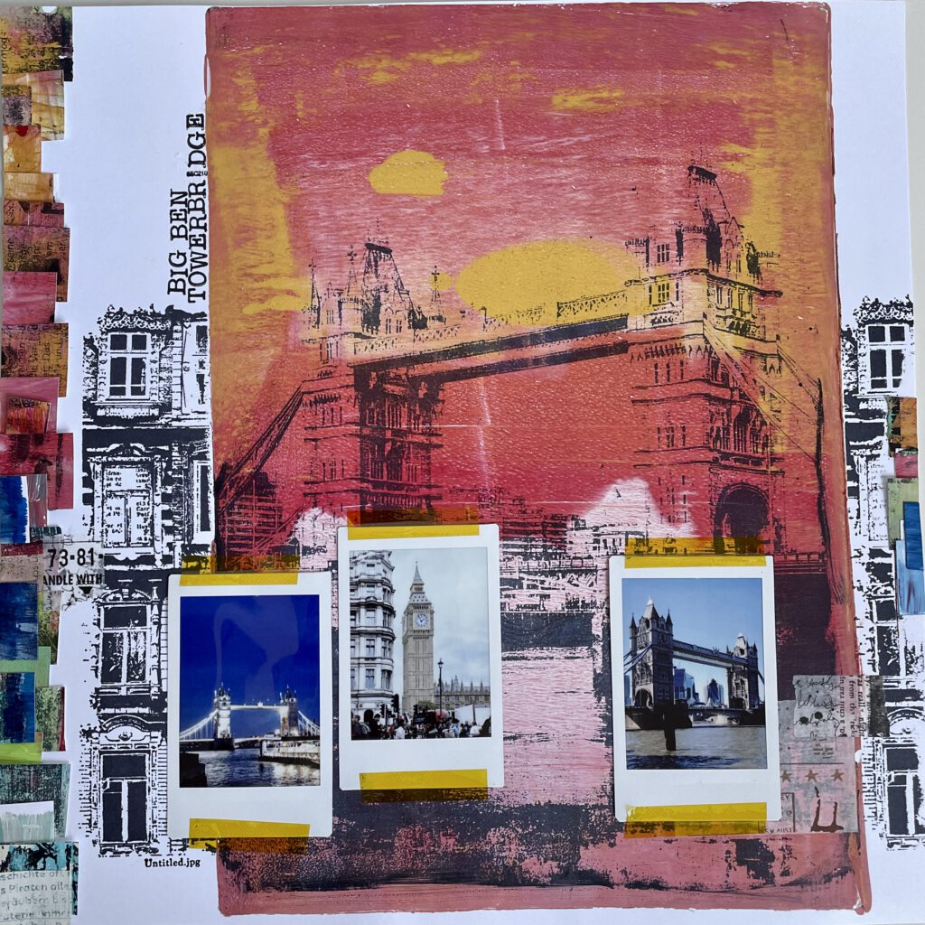 Scrapbooking Layout mit Gel Press Magazin Transfer London Calling
