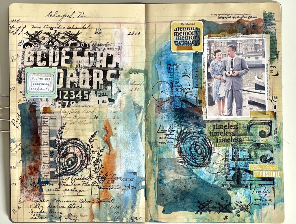 Art Journal mit Fotos Collage Stempel Dina Wakley