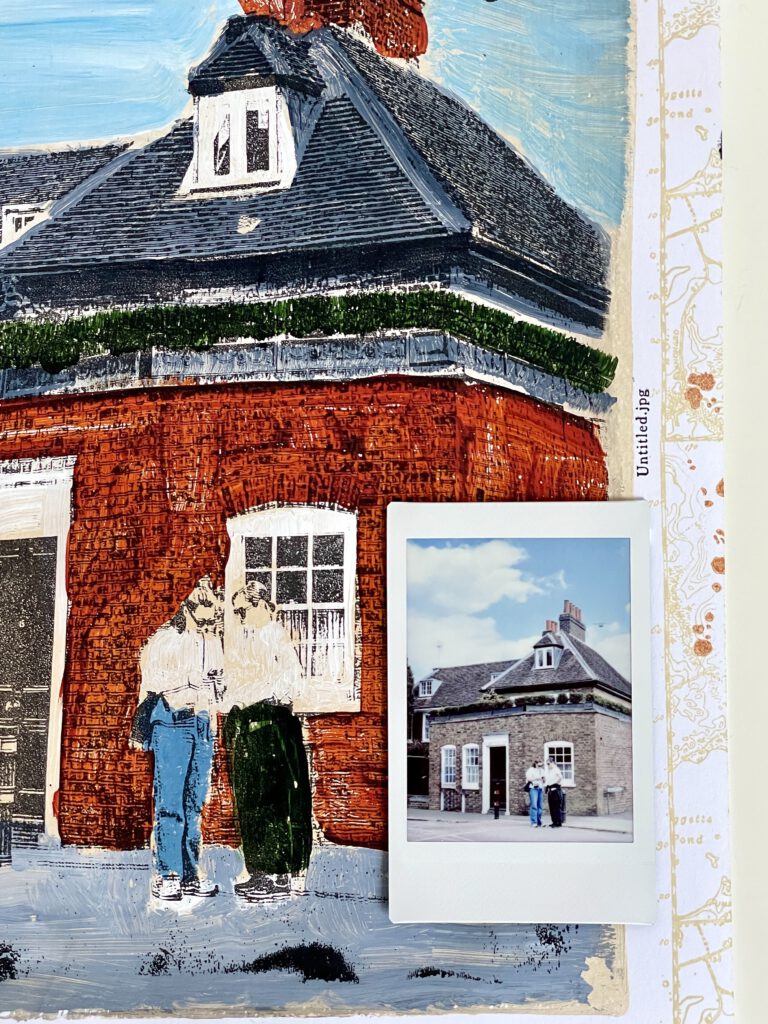 Gelli Print Transfer Scrapbooking Layout mit Instax Foto