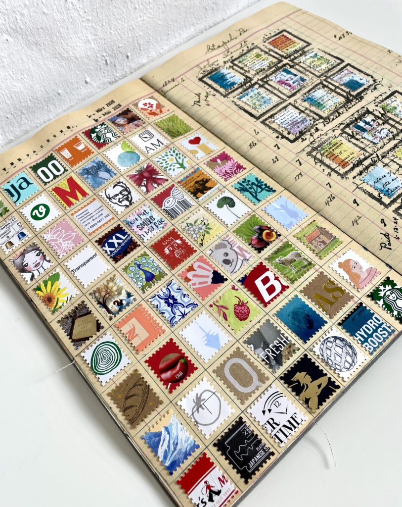 Art Journaling Briefmarkenstanze im Dina Wakly MEdia Ledger Journal