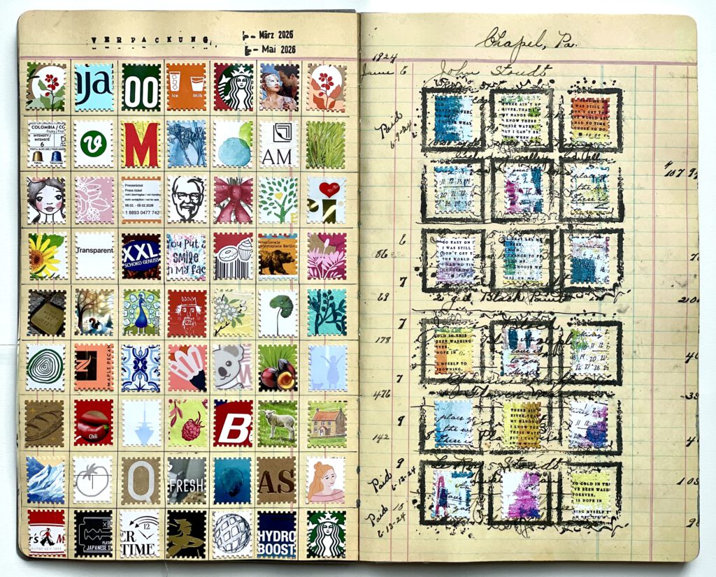 Art Journaling Briefmarkenstanze im Dina Wakly MEdia Ledger Journal